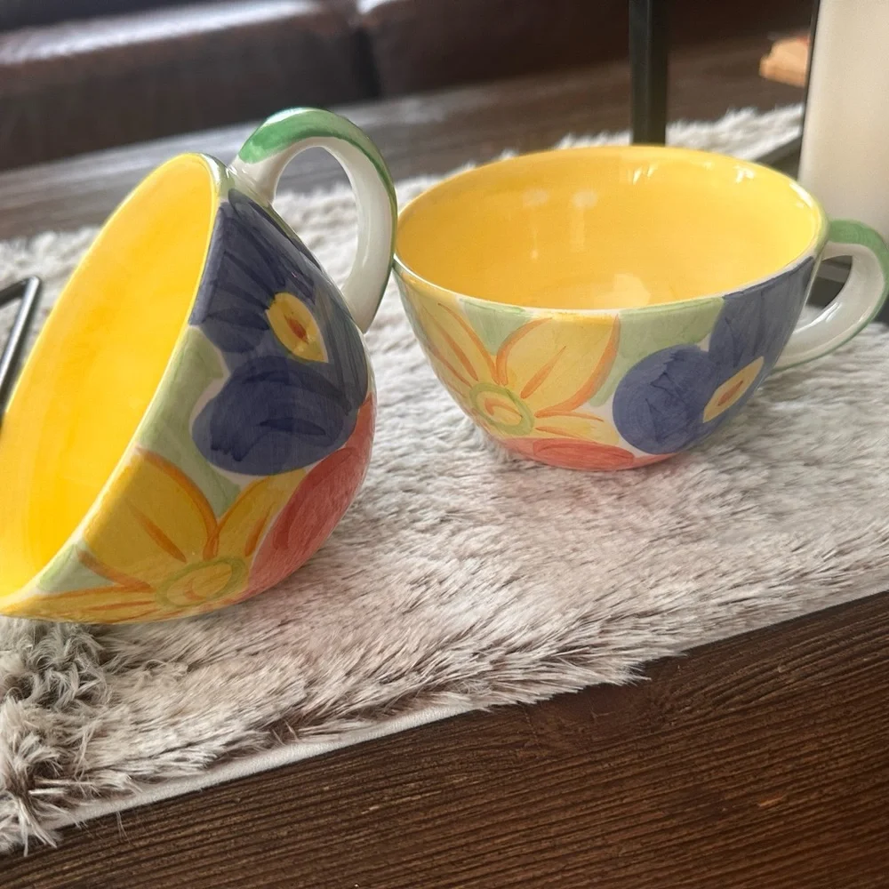 Bob Mackie yellow blue floral botanical oversized vintage mug set